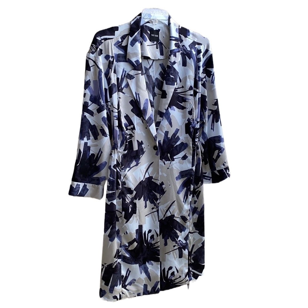 Nic+Zoe Inky Flowers Satin Crepe Single-Button Long Jacket, Adjustable Waist